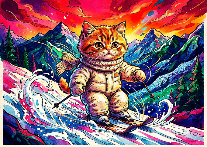 Cute Cat Skiing in Vibrant Mountains