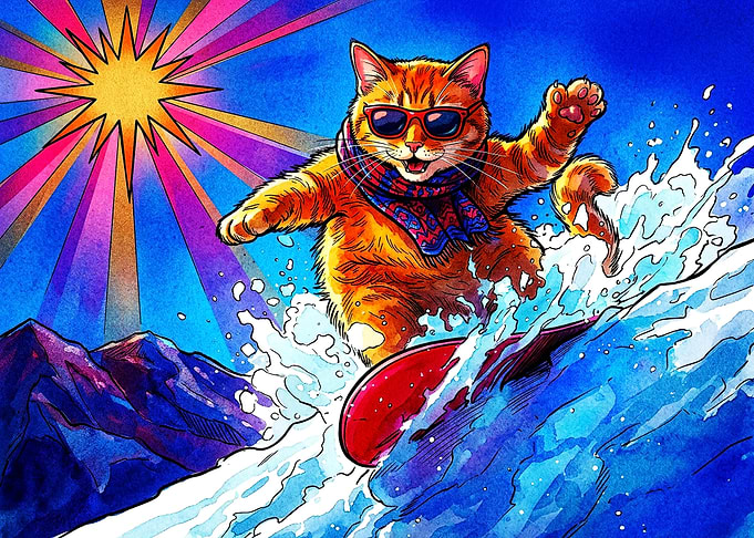 Cool Surfing Ginger Cat Illustration