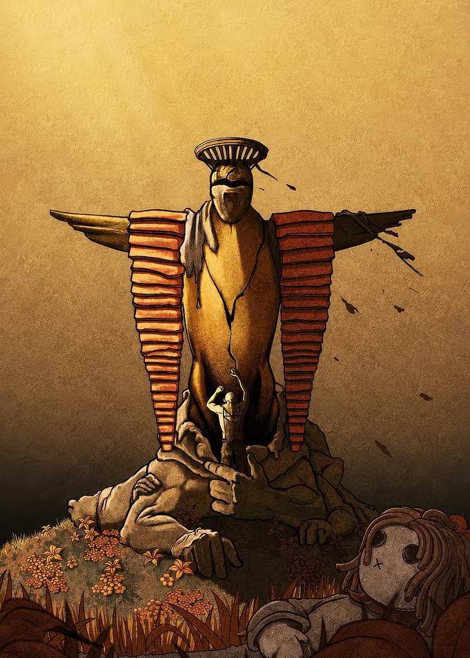 Surreal Golden Statue and Figure