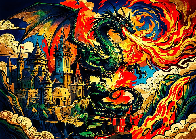 Green Dragon Attacking Medieval Castle