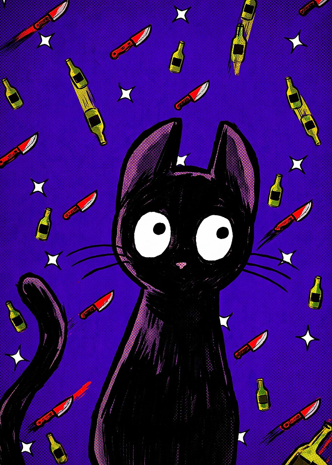 Surprised Black Cat with Knives