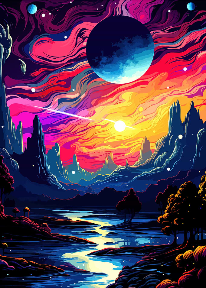 Surreal Cosmic Landscape with Glowing River
