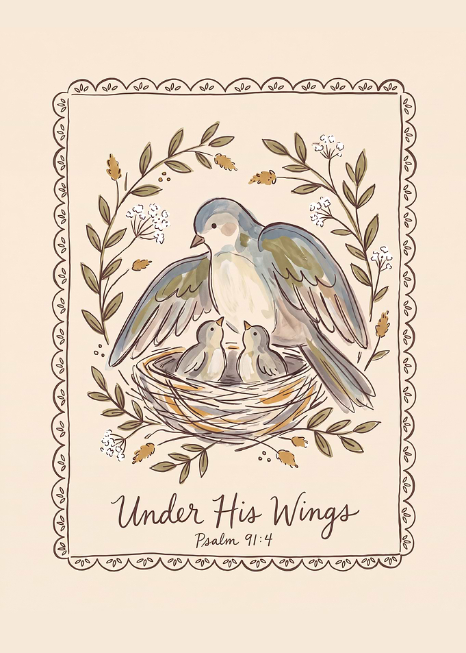 Under His Wings Bird Illustration Christian Bible Quote