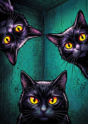 Three Black Cats with Glowing Eyes