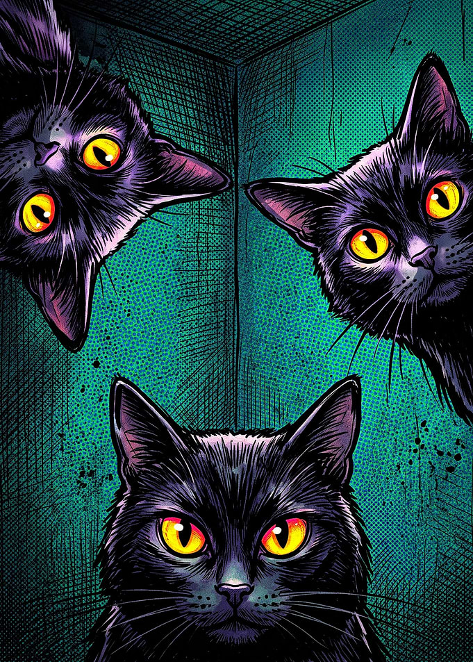 Three Black Cats with Glowing Eyes