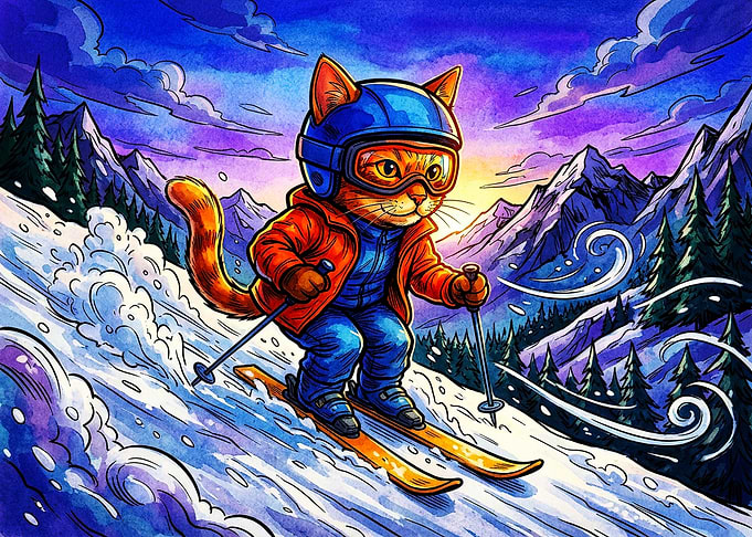 Cute Cat Skiing in Mountains