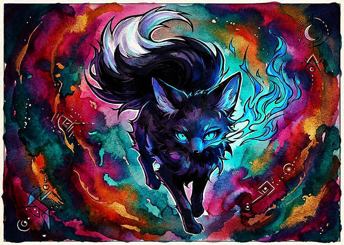 Mystical Black Fox with Blue Flames