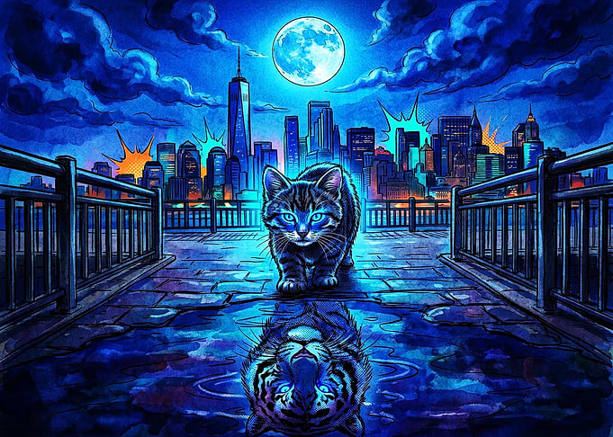 Cat with Tiger Reflection Cityscape