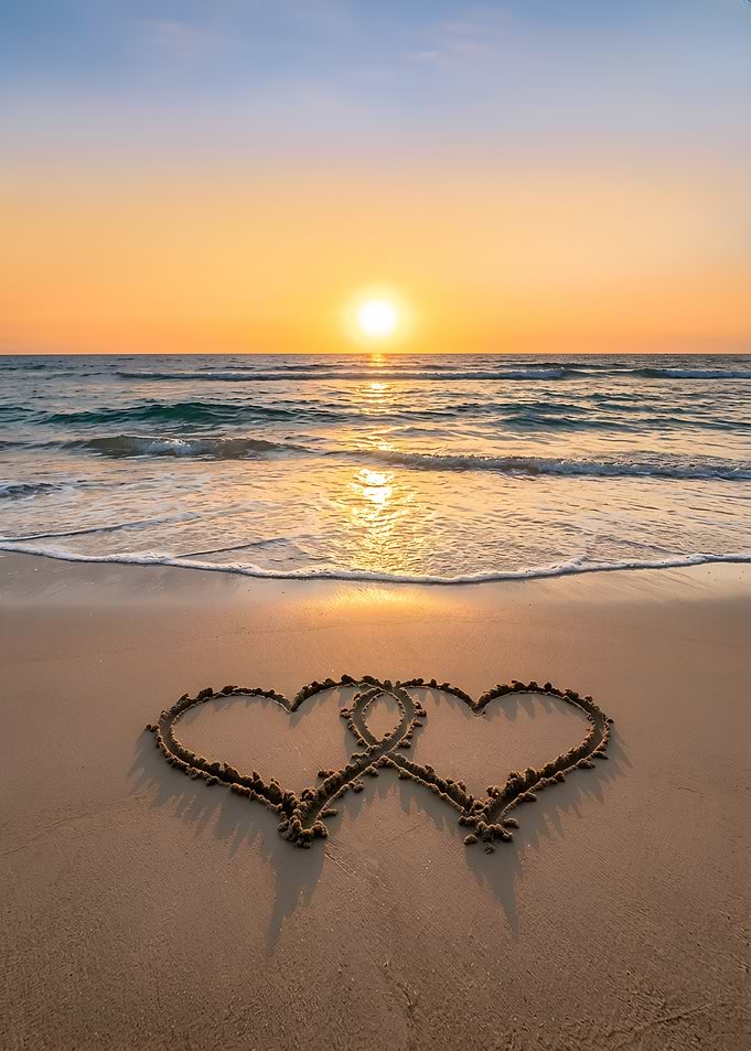 Two Intertwined Hearts on sandy Sea Beach