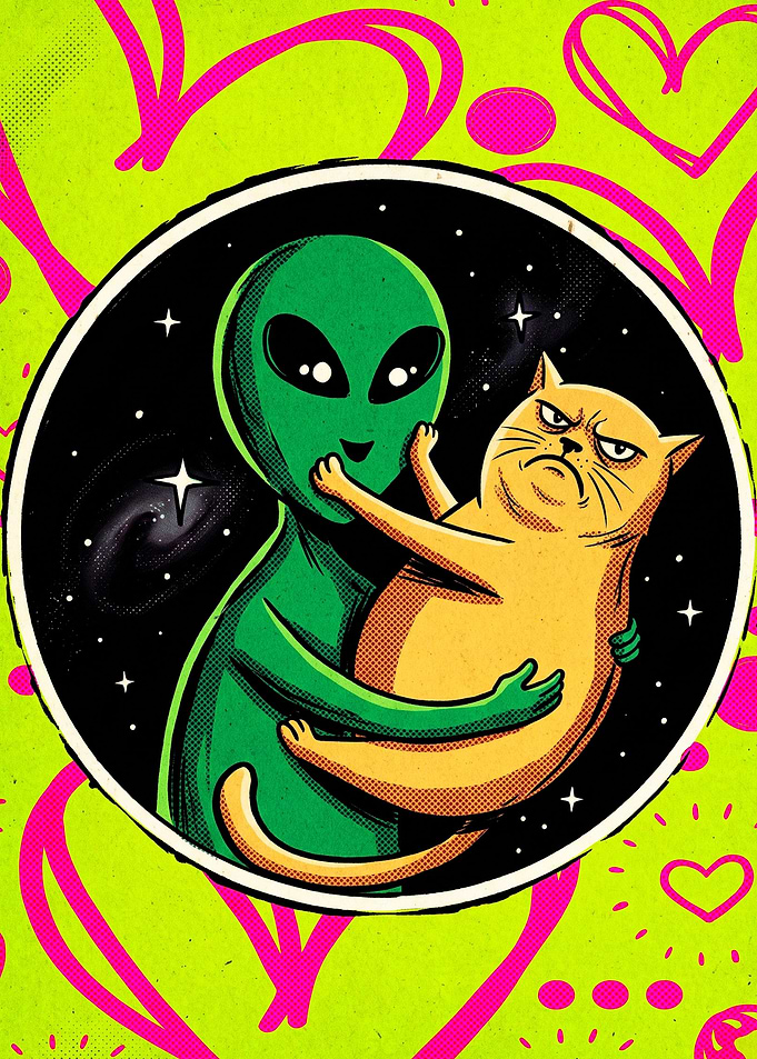 Alien Hugging Grumpy Orange Cat