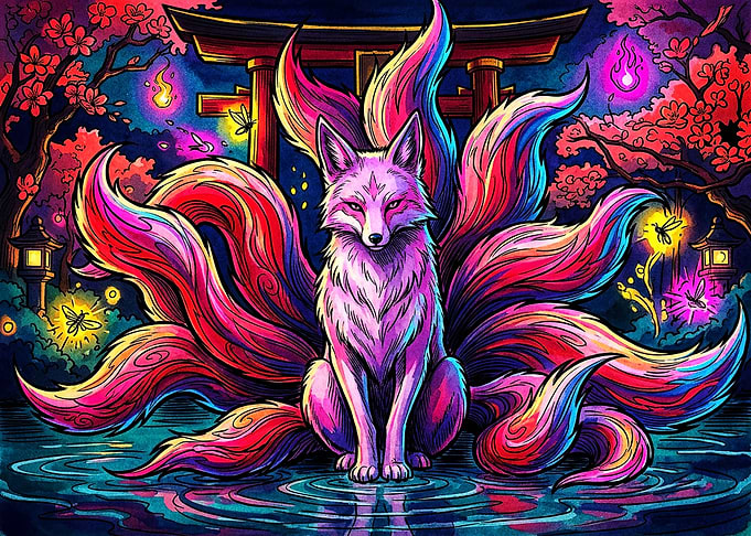 Neon Kitsune Nine-Tailed Fox Illustration