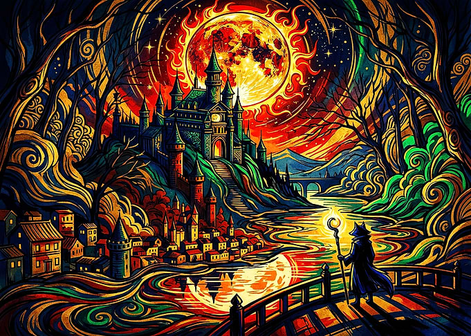 Fantasy Castle Under Fiery Moon