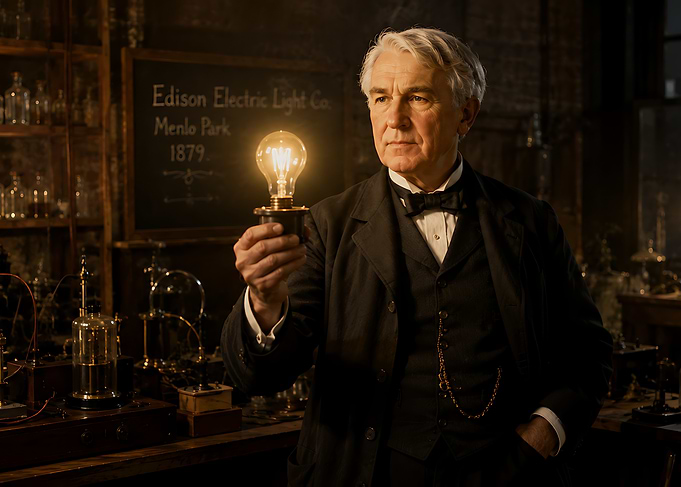 Thomas Edison Holding Light Bulb