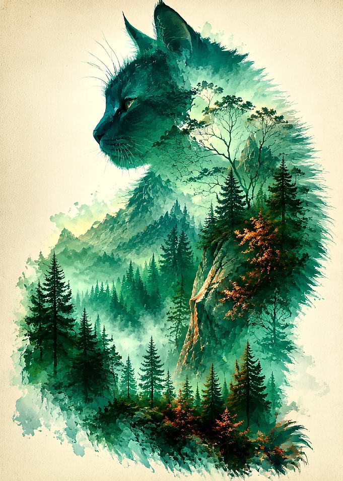 Double Exposure Cat Forest Silhouette