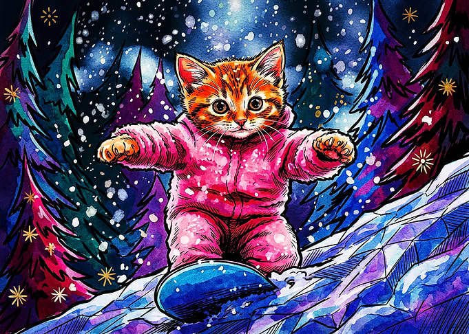 Cute Kitten Snowboarding in Winter Forest