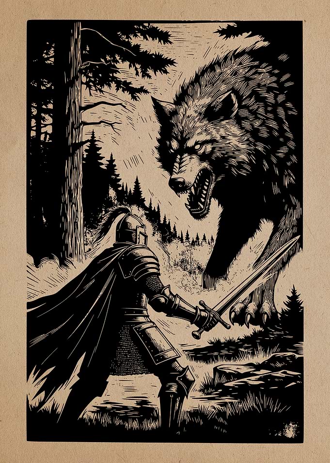 Knight Facing a Giant Wolf