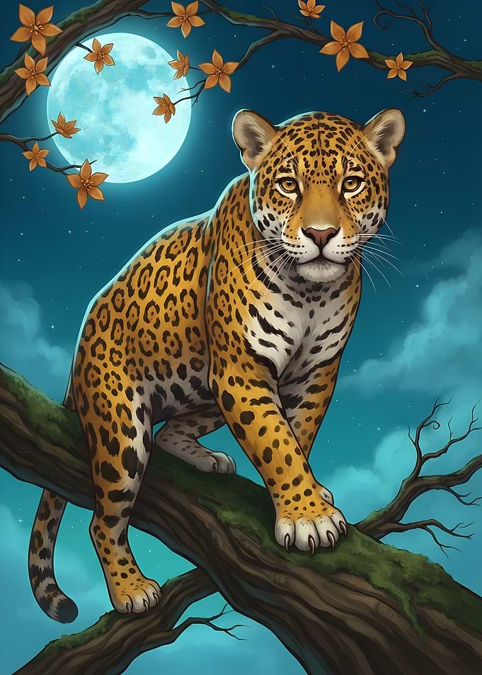 Jaguar Tiger Perched Under Full Moon