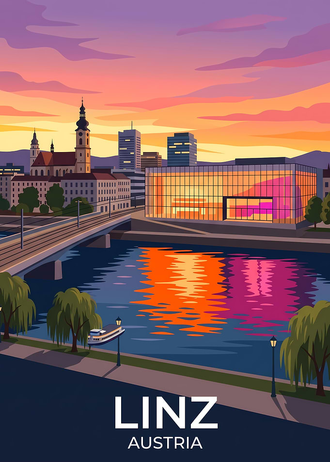 Linz Austria Sunset Travel Poster