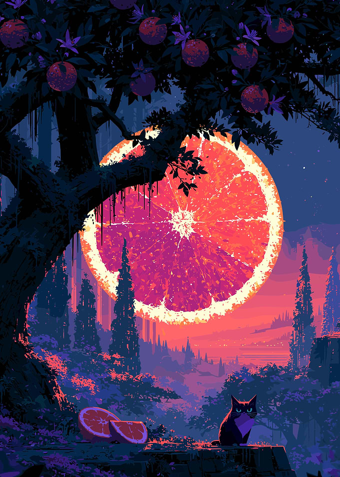 Surreal Citrus Moon Over Forest