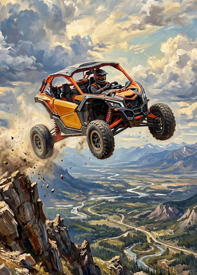 Orange UTV Jumping Off Mountain Cliff