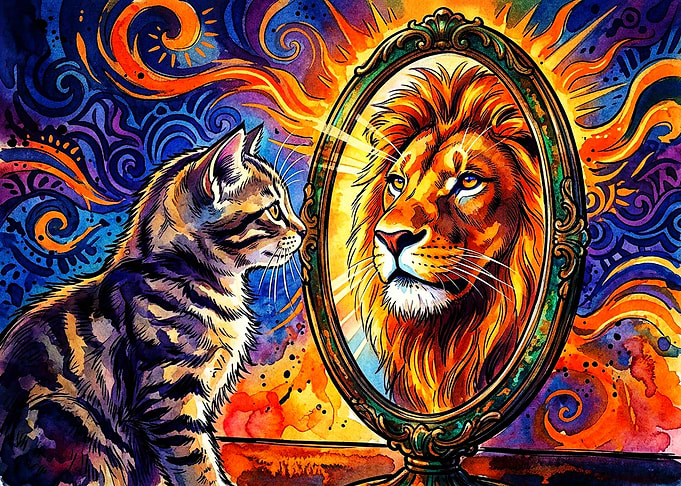 Cat Looking at Lion Reflection