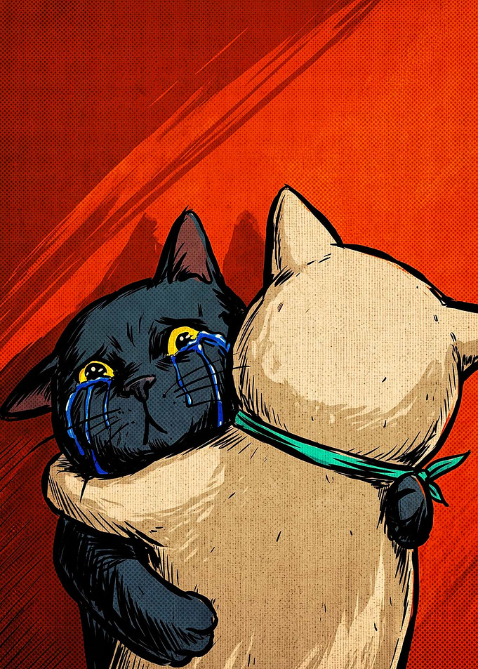 Crying Black Cat Hugging Friend