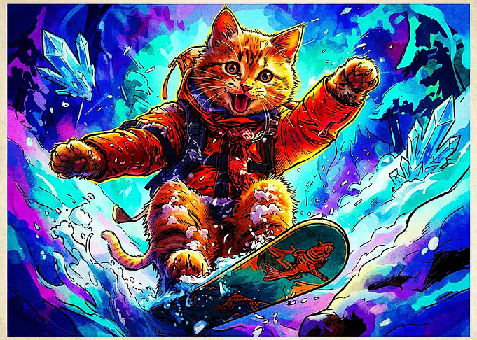 Adventurous Ginger Cat Snowboarding