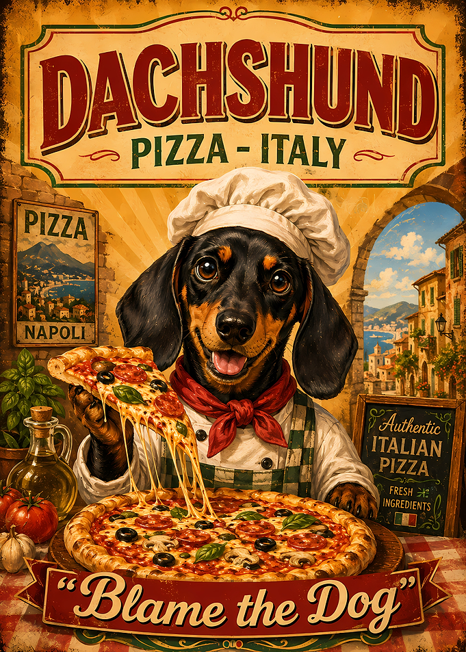 Dachshund Chef Pizza Vintage Poster