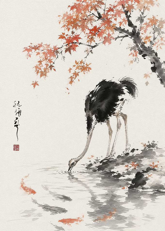 Ostrich Drinking by Pond Ink Wash