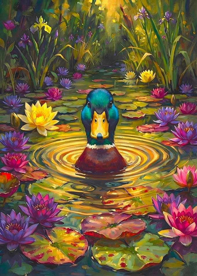 Mallard Duck in Vibrant Lily Pond
