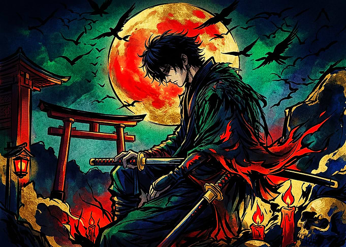 Dark Samurai Under Blood Moon