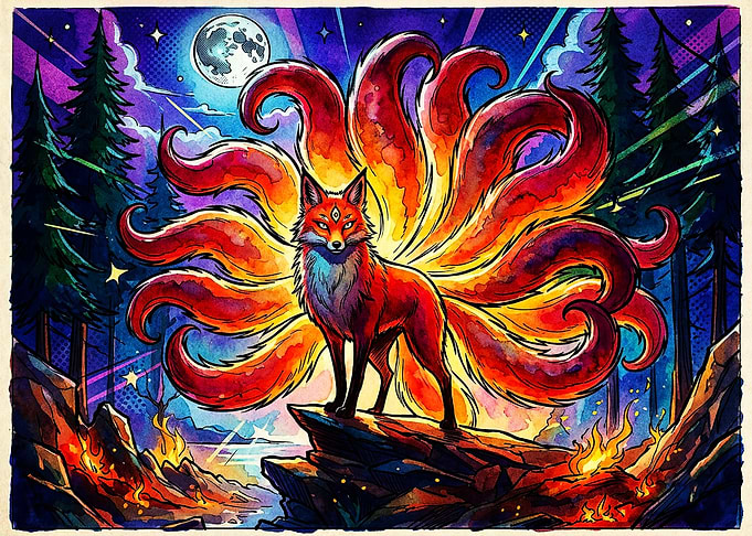 Nine-Tailed Kitsune Fox in Moonlight
