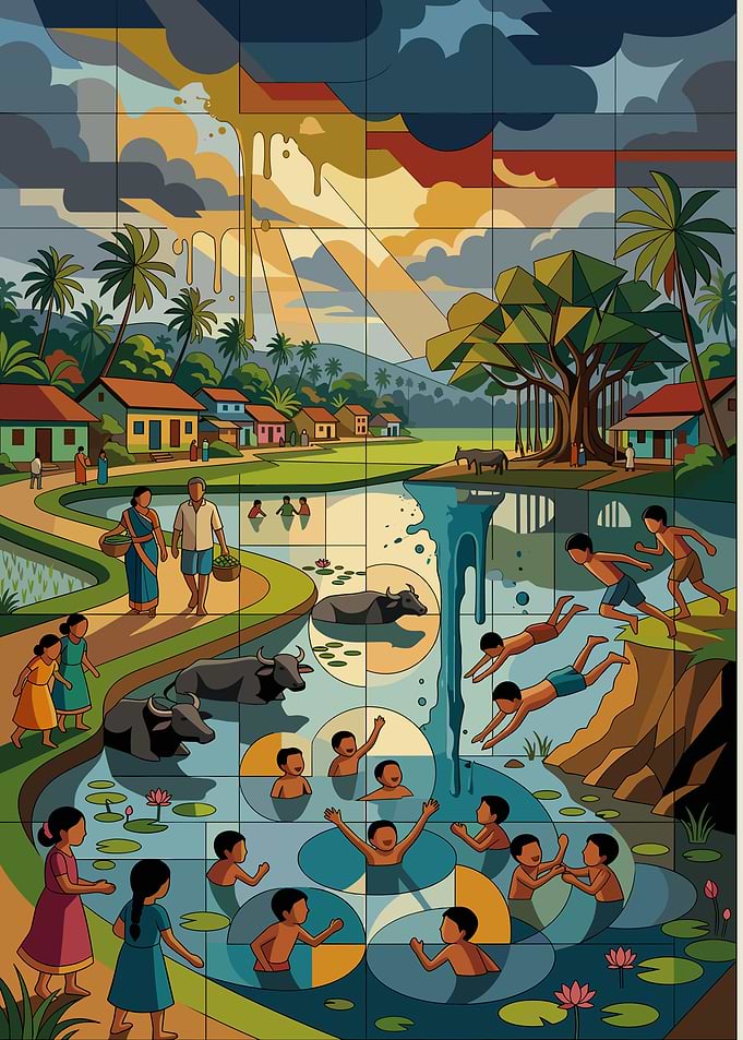 Vibrant Rural Village Life Illustration