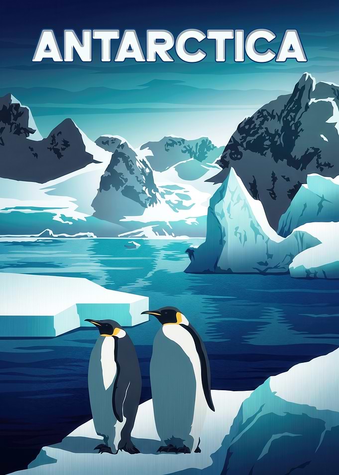 Antarctica Travel Poster with Penguins