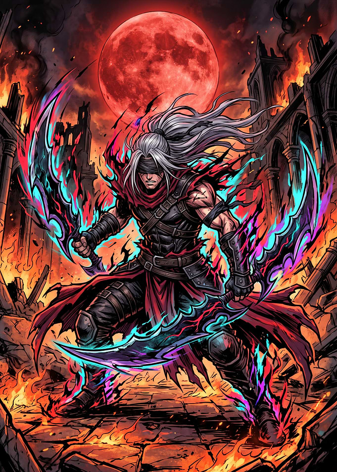Blindfolded Warrior with Glowing Blades