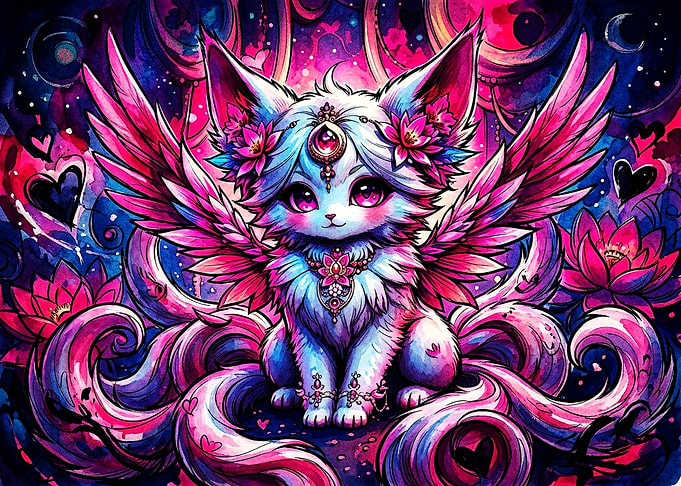 Magical Winged Kitsune Cat Illustration