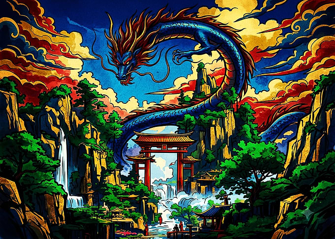 Majestic Blue Dragon Over Torii Gate