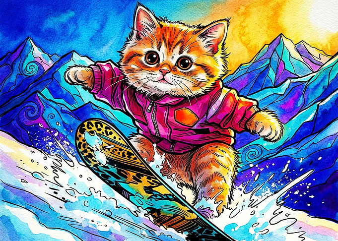 Cute Kitten Snowboarding in Mountains