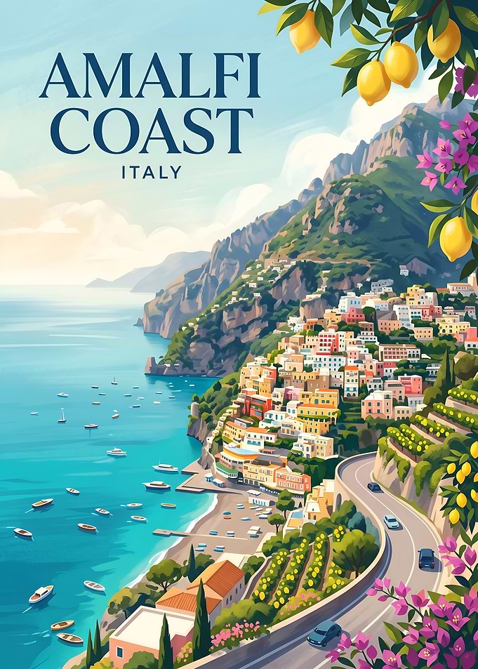 Amalfi Coast Italy Vintage Travel Poster