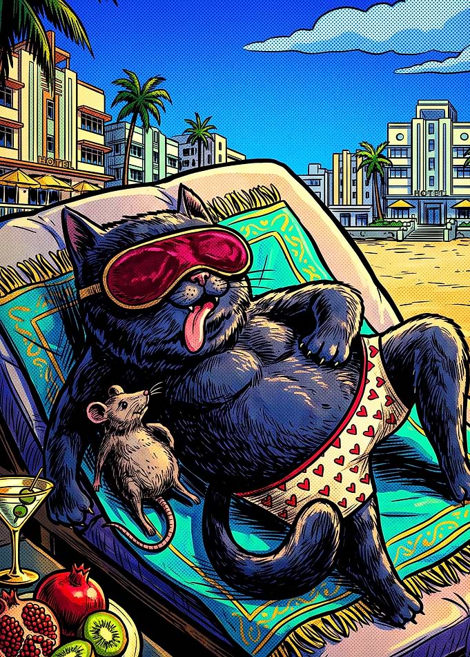 Black Cat Relaxing on Beach