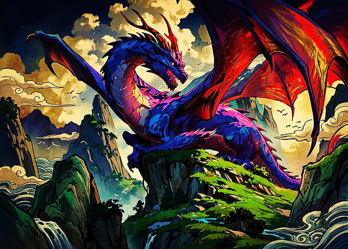 Majestic Blue Dragon on Mountain Peak