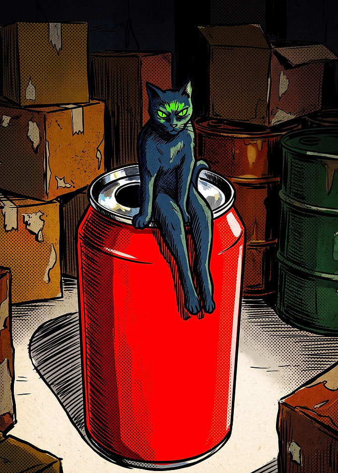 Black Cat Sitting on Red Can