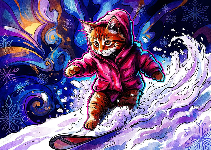 Cute Kitten Snowboarding in Winter