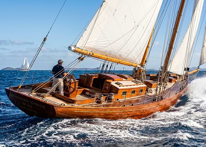 Classic Wooden Sailing Yacht at Sea