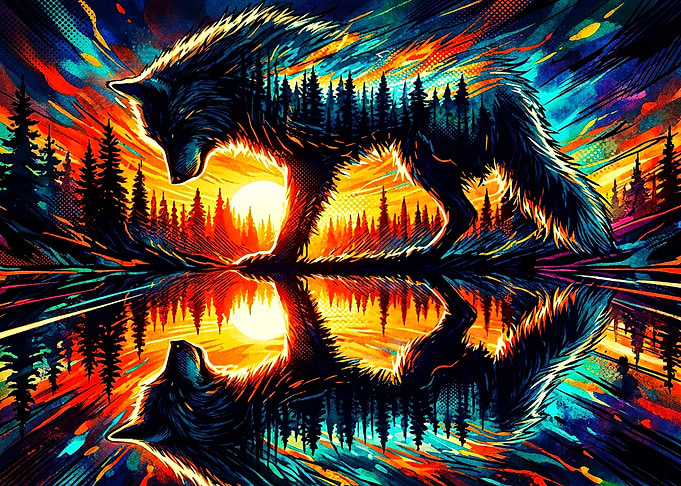 Double Exposure Wolf Forest Reflection