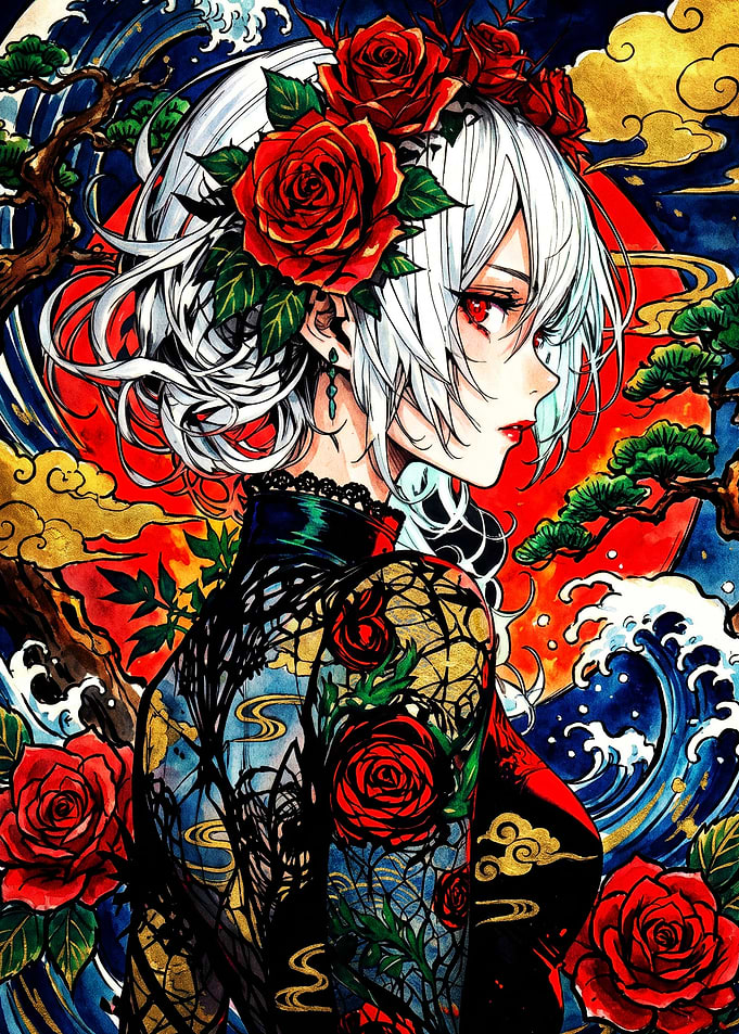 Anime Girl with Roses and Waves