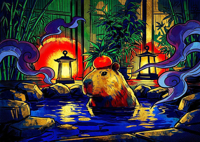 Capybara Relaxing in Hot Spring