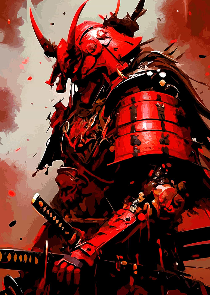 Red Horned Samurai Warrior Portrait