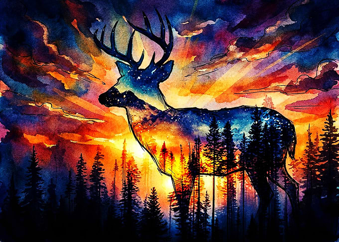 Double Exposure Watercolor Deer Silhouette