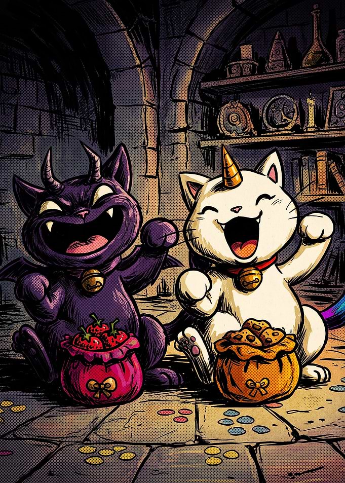 Cute Devil and Unicorn Cat Duo